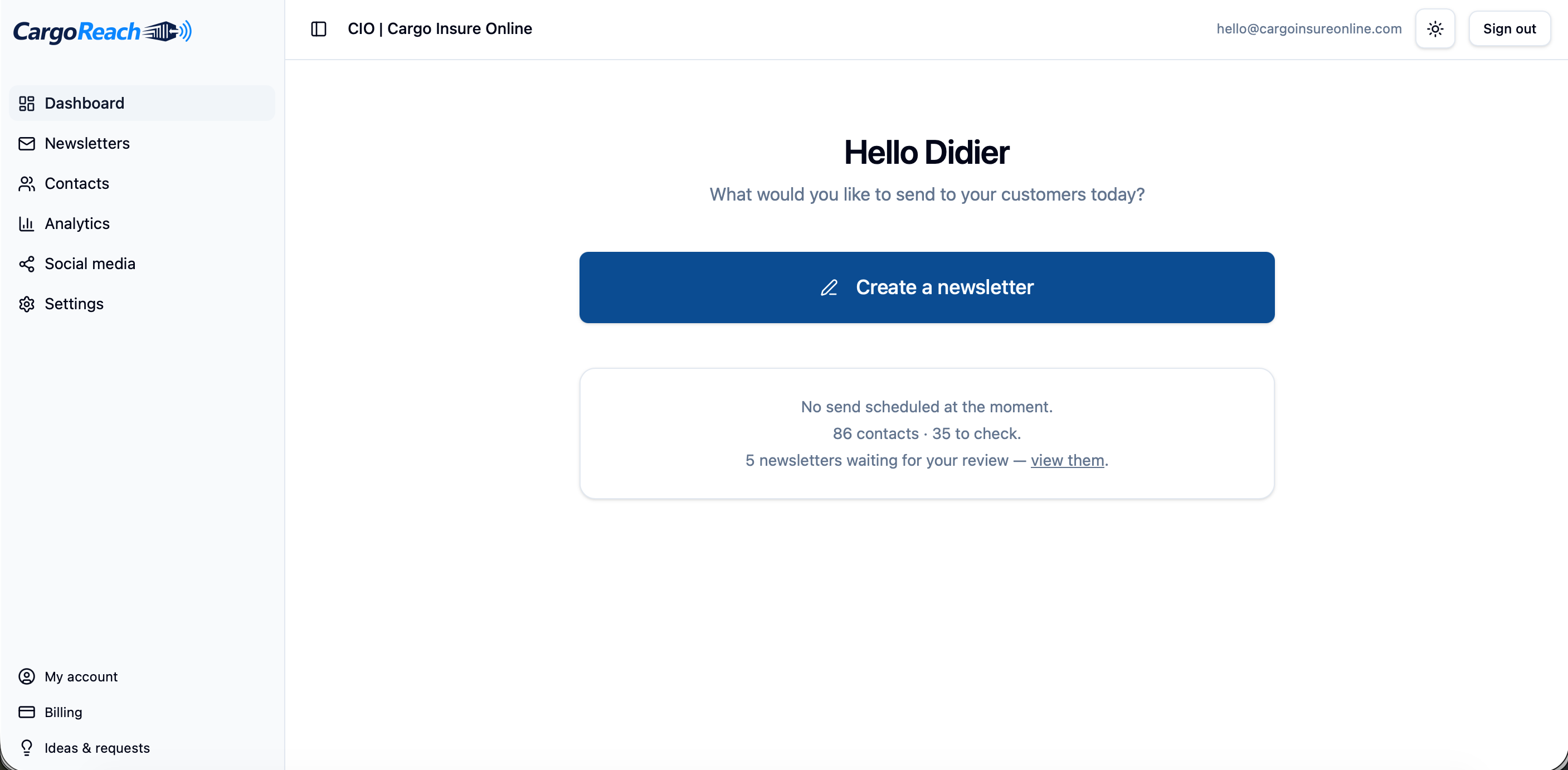Panel de CargoReach — un botón para iniciar una newsletter