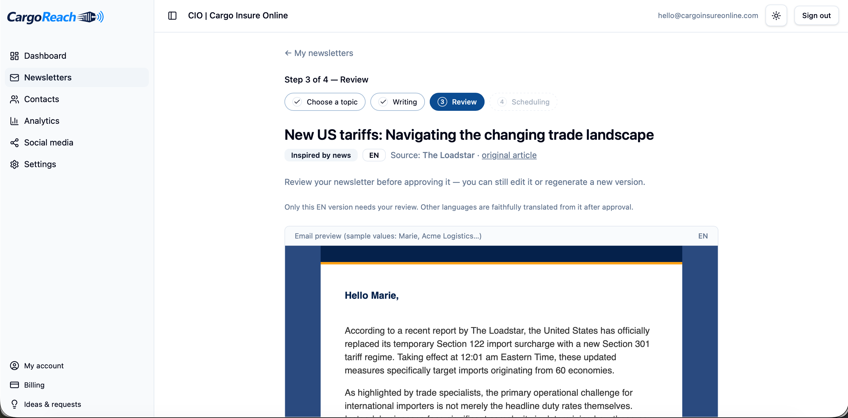 Revisión de la newsletter redactada antes de enviarla